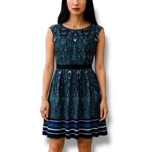 Haani New York Petite Blue Multicolored Paisley Print Bohemian Fit & Flare Dress